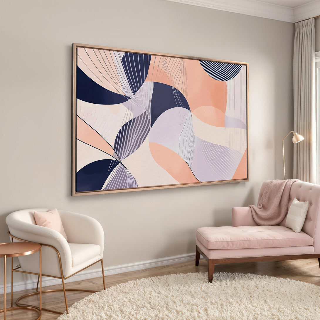 Framed Wall Art: Abstract art print in peach, navy, and lavender. Modern canvas print adds a touch of elegance to any interior.