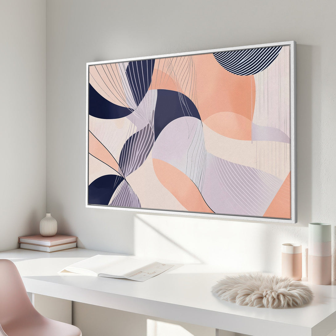 Framed Wall Art featuring abstract shapes in peach, navy, and lavender. Modern art canvas print for home decor.