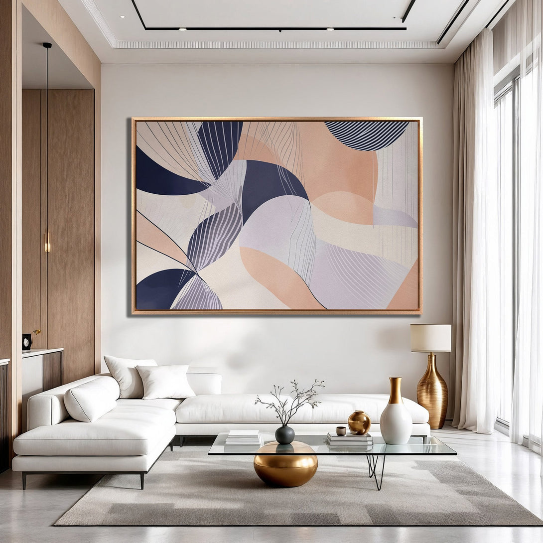 Framed Wall Art: Abstract art canvas print in a modern interior. Features a calming palette of navy, peach, and gray. Perfect for living room decor.