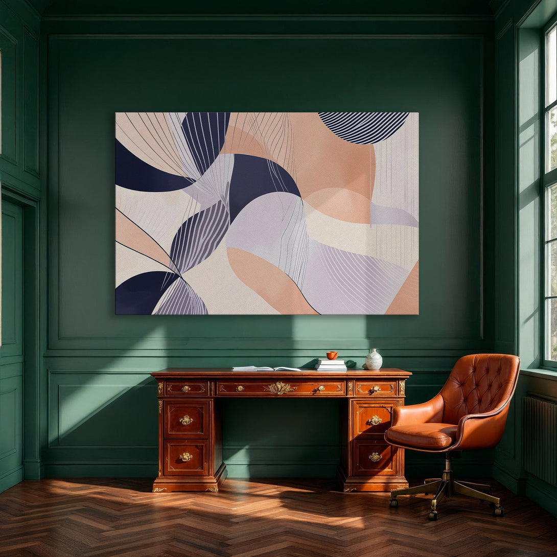 Framed Wall Art: Abstract art canvas print in a modern dining room. Features a blush, navy, and lavender color palette.