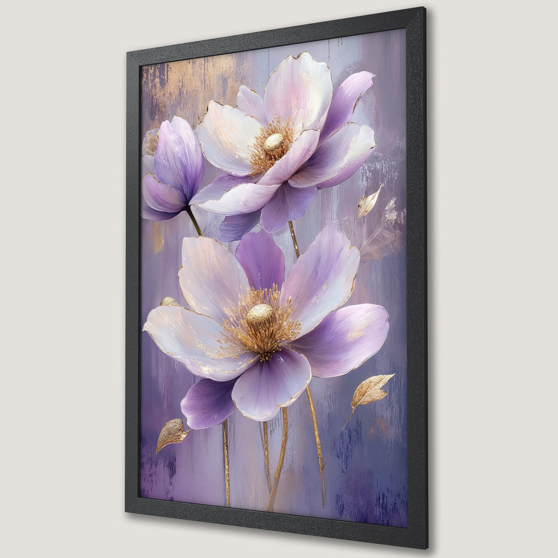 Framed Poster featuring elegant floral art in purple, white, and gold. Modern style wall decor for home or office.