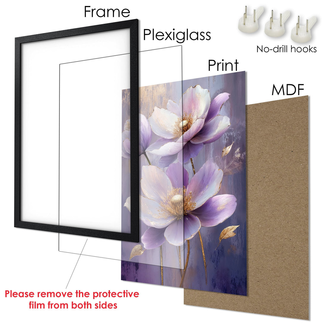Framed Poster featuring elegant floral art in purple and gold tones, perfect for home decor. Ready to hang!