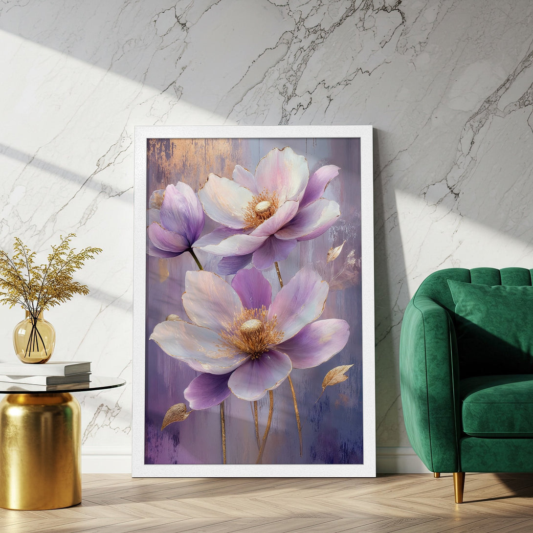 Framed Poster featuring elegant floral art in a soft purple and gold color palette. Perfect for adding a touch of sophistication to any space.