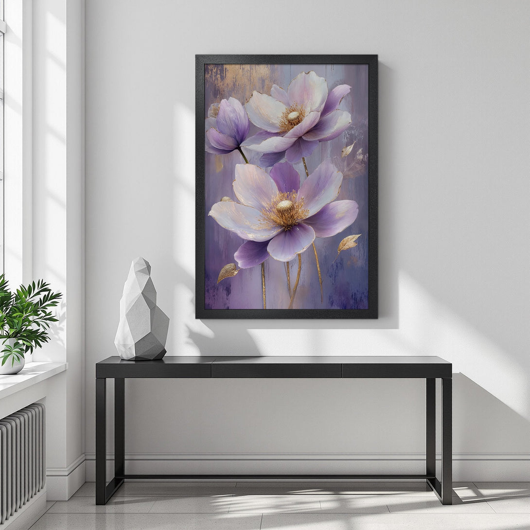 Framed Poster featuring elegant purple floral art. Modern style, soft color palette perfect for home decor. Add a touch of beauty with this stunning poster!