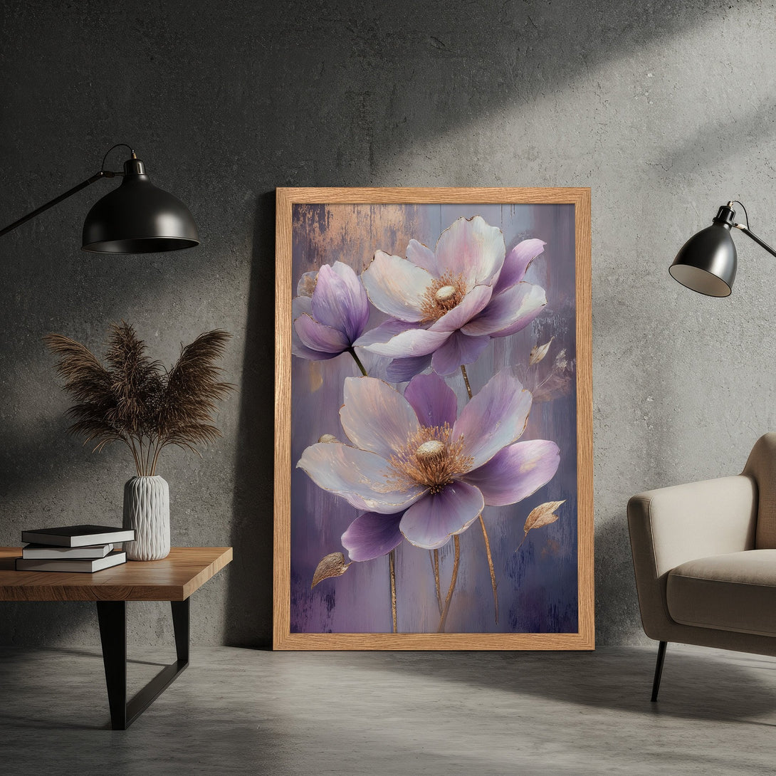 Framed Poster featuring floral art in a soft, painterly style with a purple and gold color palette. Perfect wall decor!