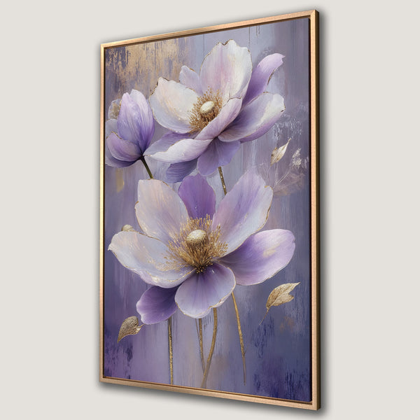 Framed Wall Art featuring elegant purple floral art with gold accents. Perfect for adding a touch of sophistication to any space. Canvas Print available!