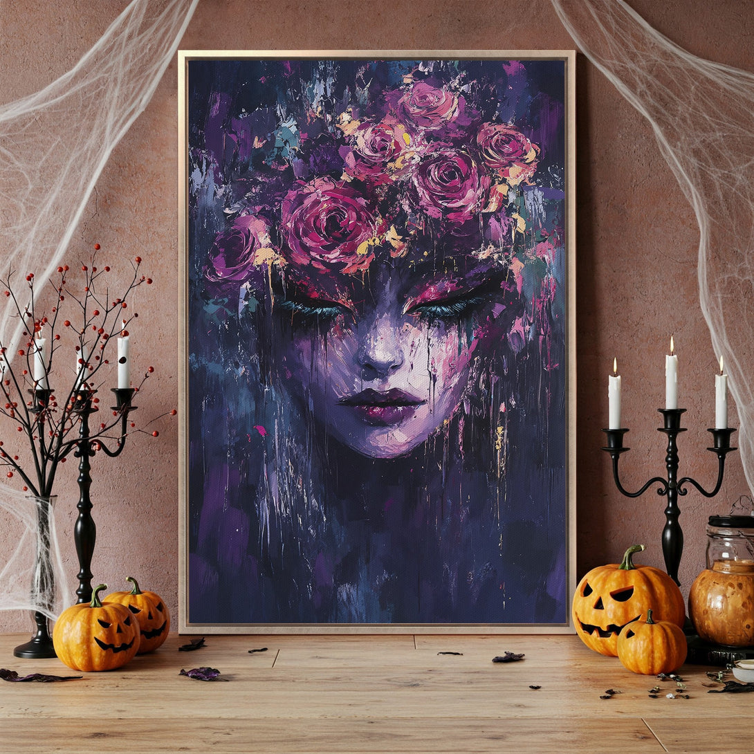 Framed Wall Art of a medieval knight in gold and dark tones. Dramatic, painterly style. Perfect for Halloween decor.