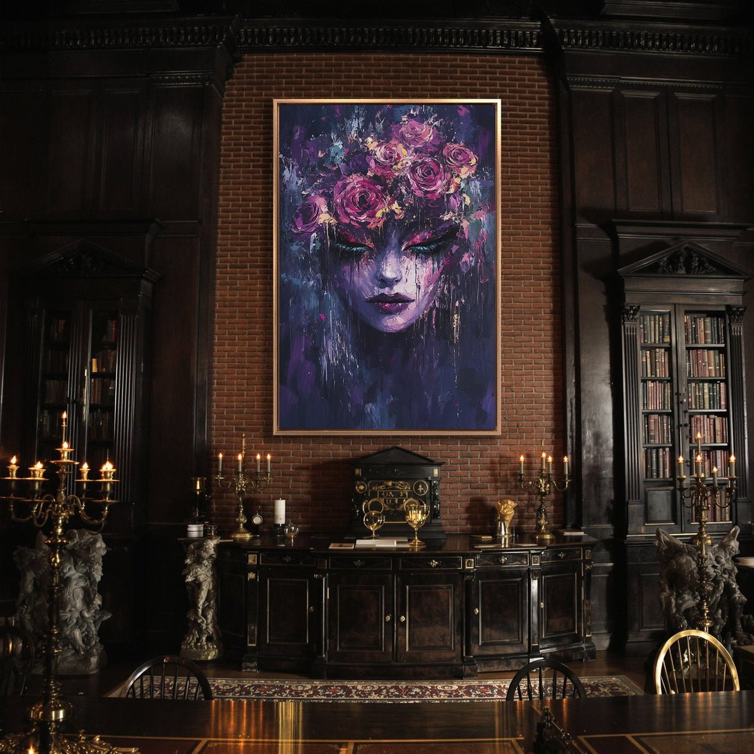 Framed Wall Art: Knight painting in a dark, moody interior. Dramatic artwork with gold and dark tones, perfect for adding a touch of elegance.