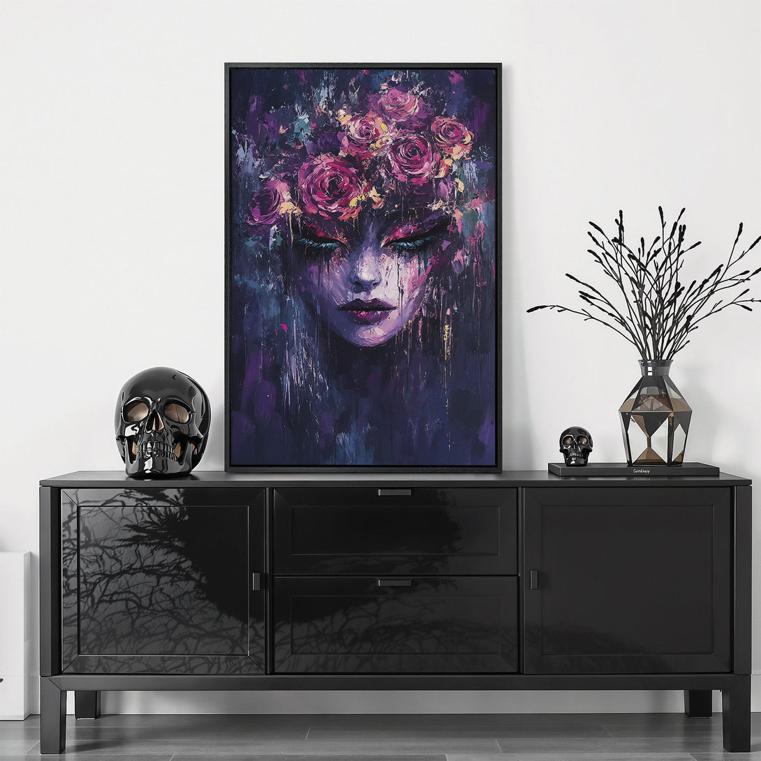 Framed Wall Art featuring a medieval knight in gold and black, displayed in a modern interior. Dramatic, artistic canvas print with a warm, dark color palette.