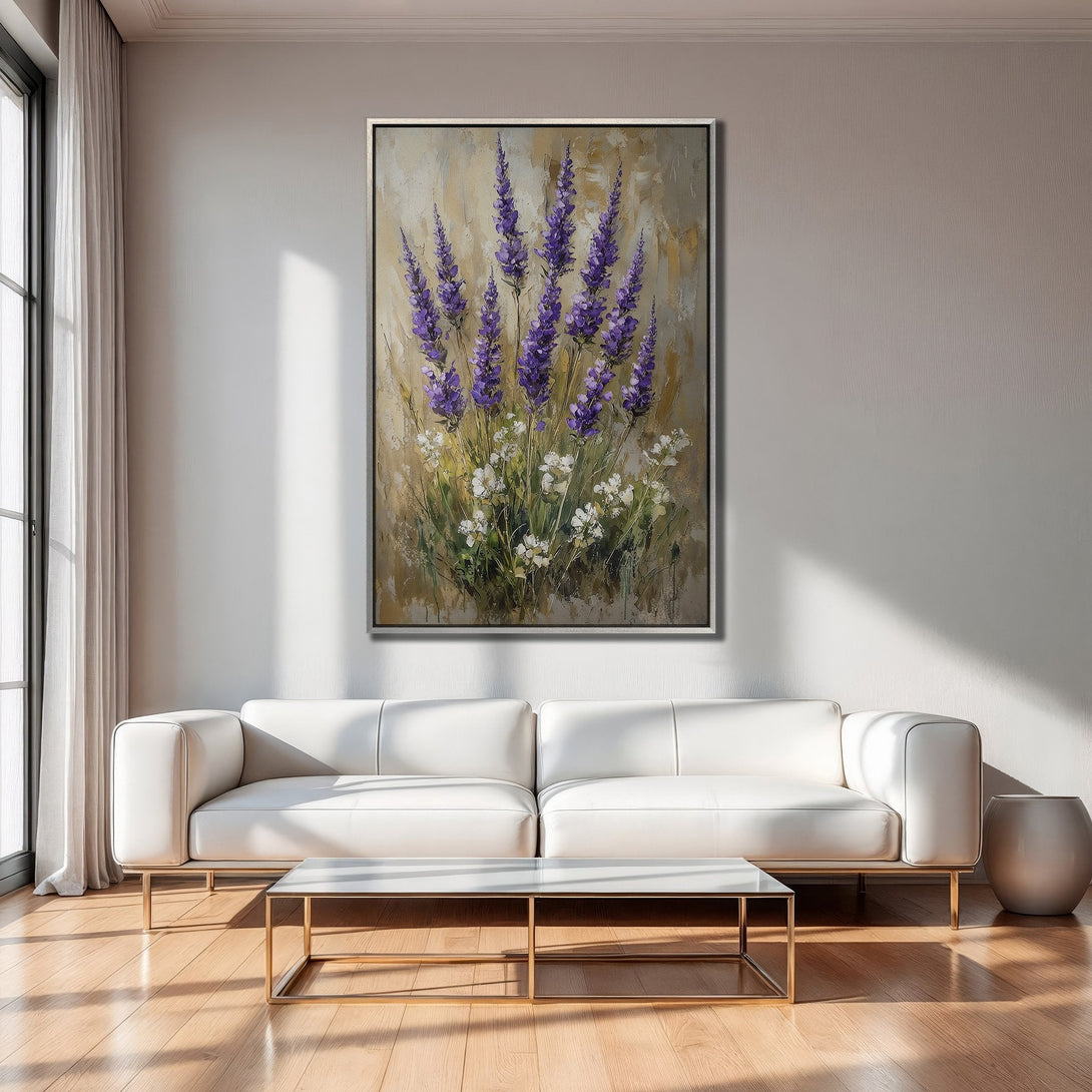 Framed Wall Art featuring an impressionistic lavender painting in purple and gold tones, adding elegance to a modern living room.