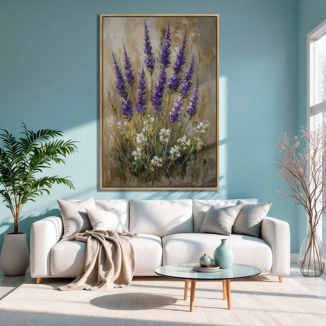 Framed Wall Art: Lavender field painting in a modern living room. Purple, white, and gold hues create a serene, artistic aesthetic. Elevate your space!