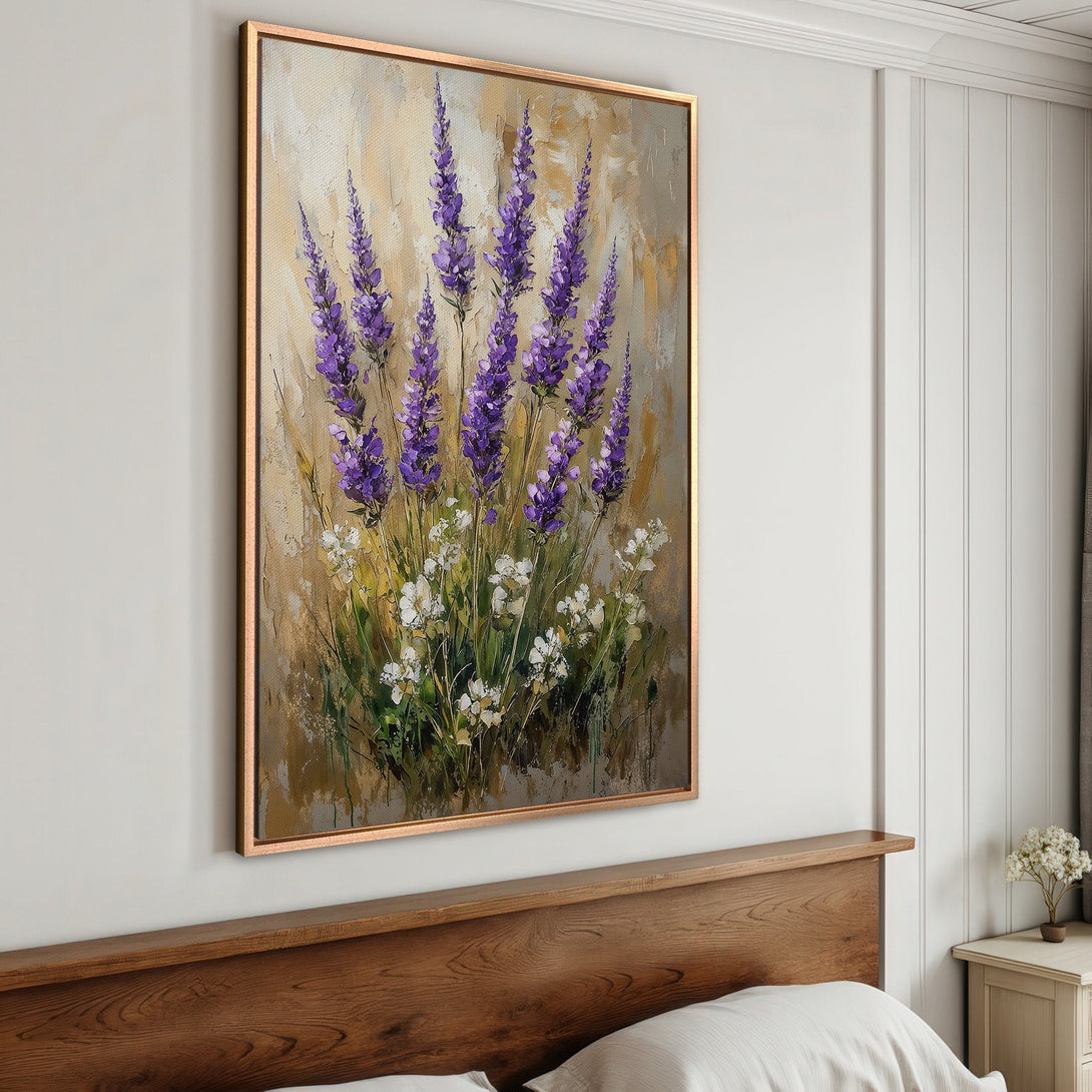 Framed Wall Art: Lavender field painting with purple blooms. Adds a touch of elegance with its neutral and warm color palette. Perfect for bedroom decor.