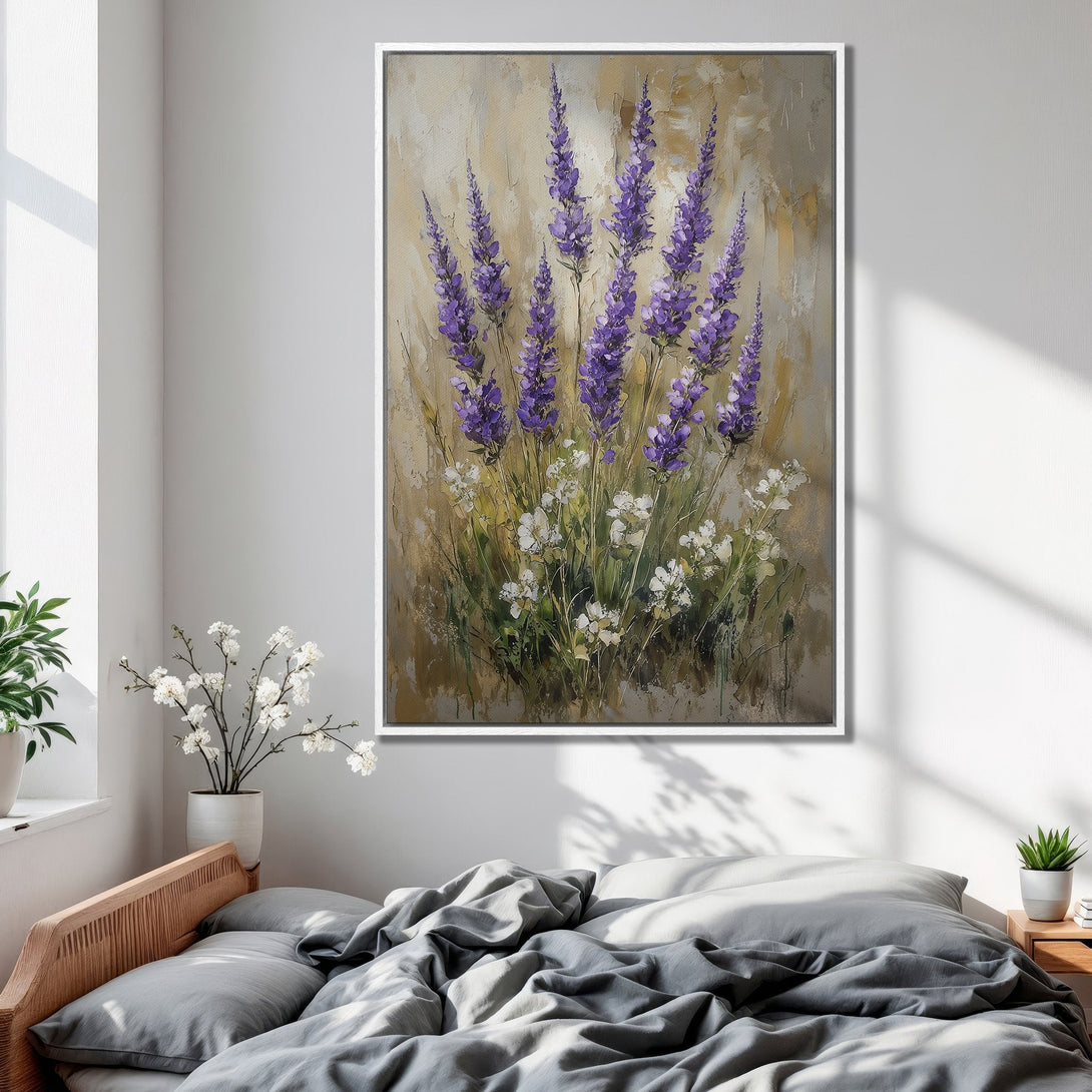 Framed Wall Art featuring a textured floral painting with purple lavender and white flowers. Warm neutral tones create a calming aesthetic. Perfect for bedroom decor.