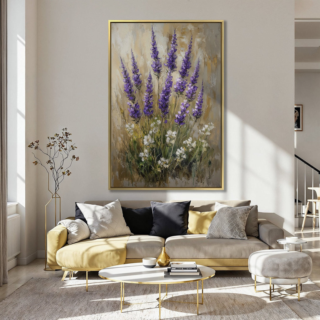 Canvas Print of lavender flowers in a kitchen. Impressionist style art with purple, white, and neutral color palette. Perfect wall decor!