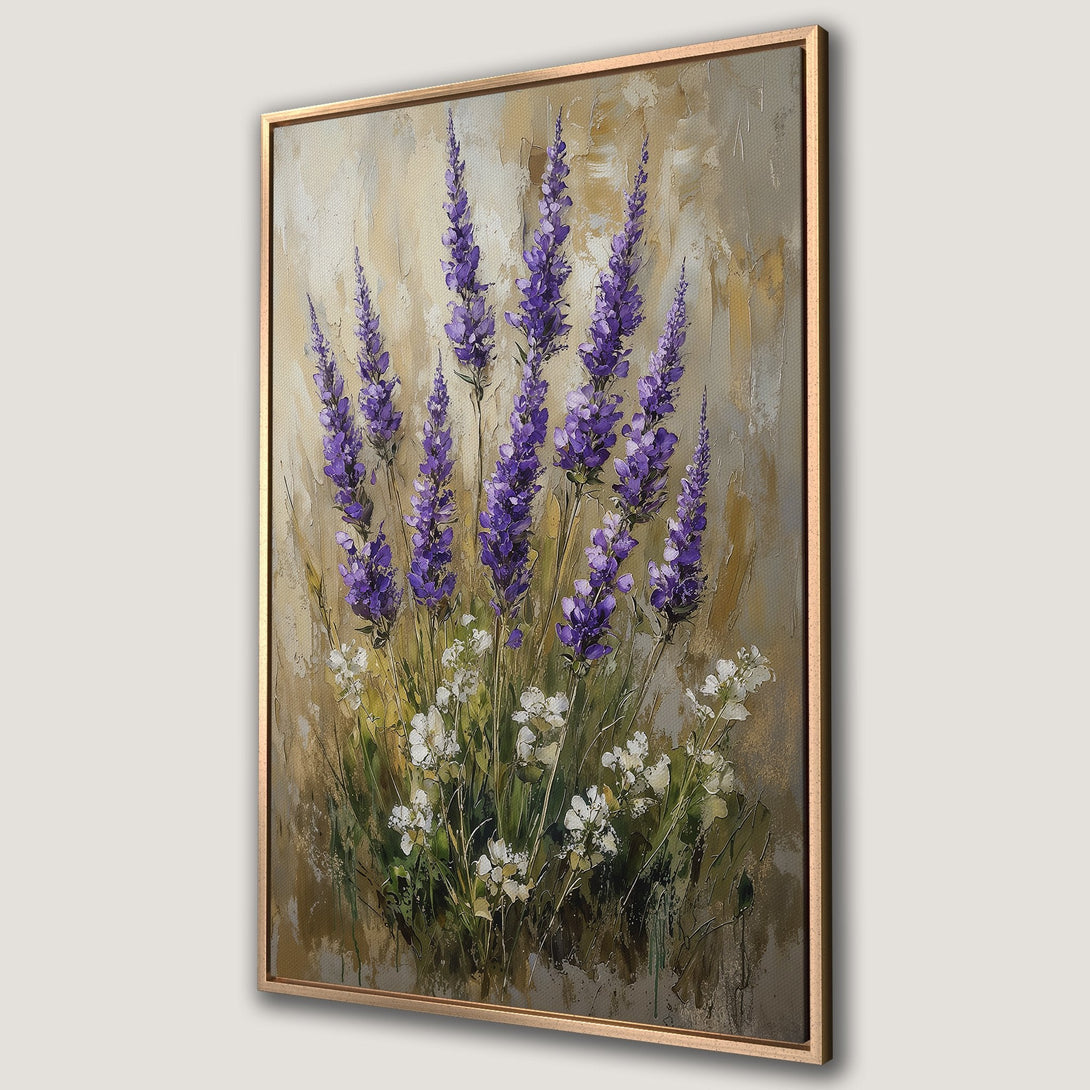 Framed Wall Art: Lavender flowers in a textured, impressionistic style. Purple and white blooms on a neutral, golden-toned background. Perfect wall decor!