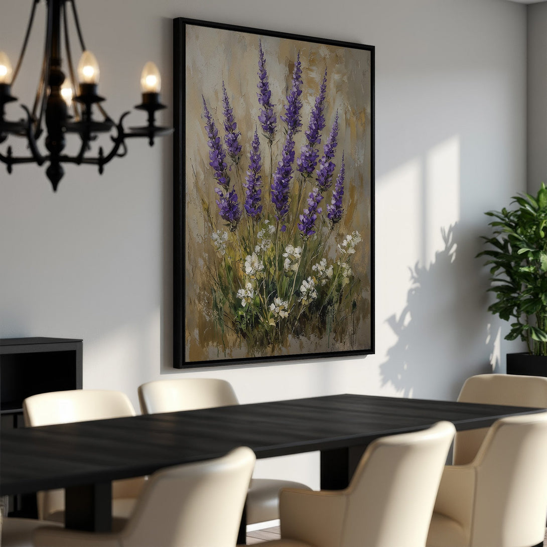 Framed Wall Art featuring a lavender floral painting with a neutral color palette. Perfect for dining rooms!