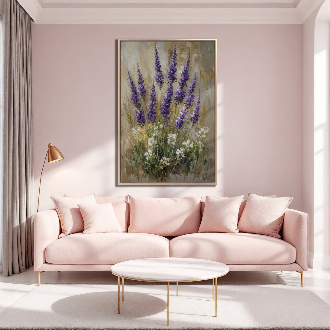 Framed Wall Art: Lavender floral painting in a gold frame, displayed in a blush pink interior. Soft, romantic color palette perfect for any space.