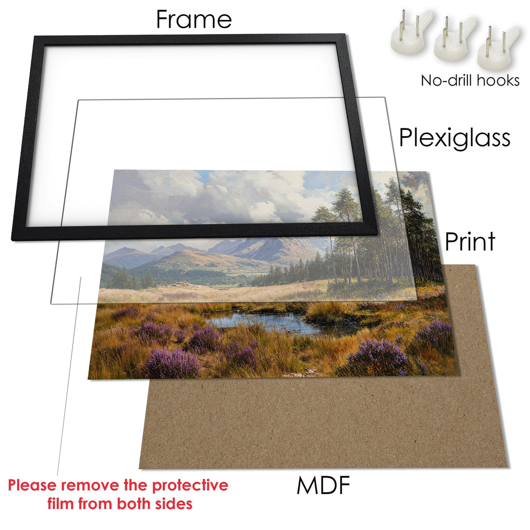 Framed Poster of a landscape painting with a natural color palette. Perfect wall art for any home!