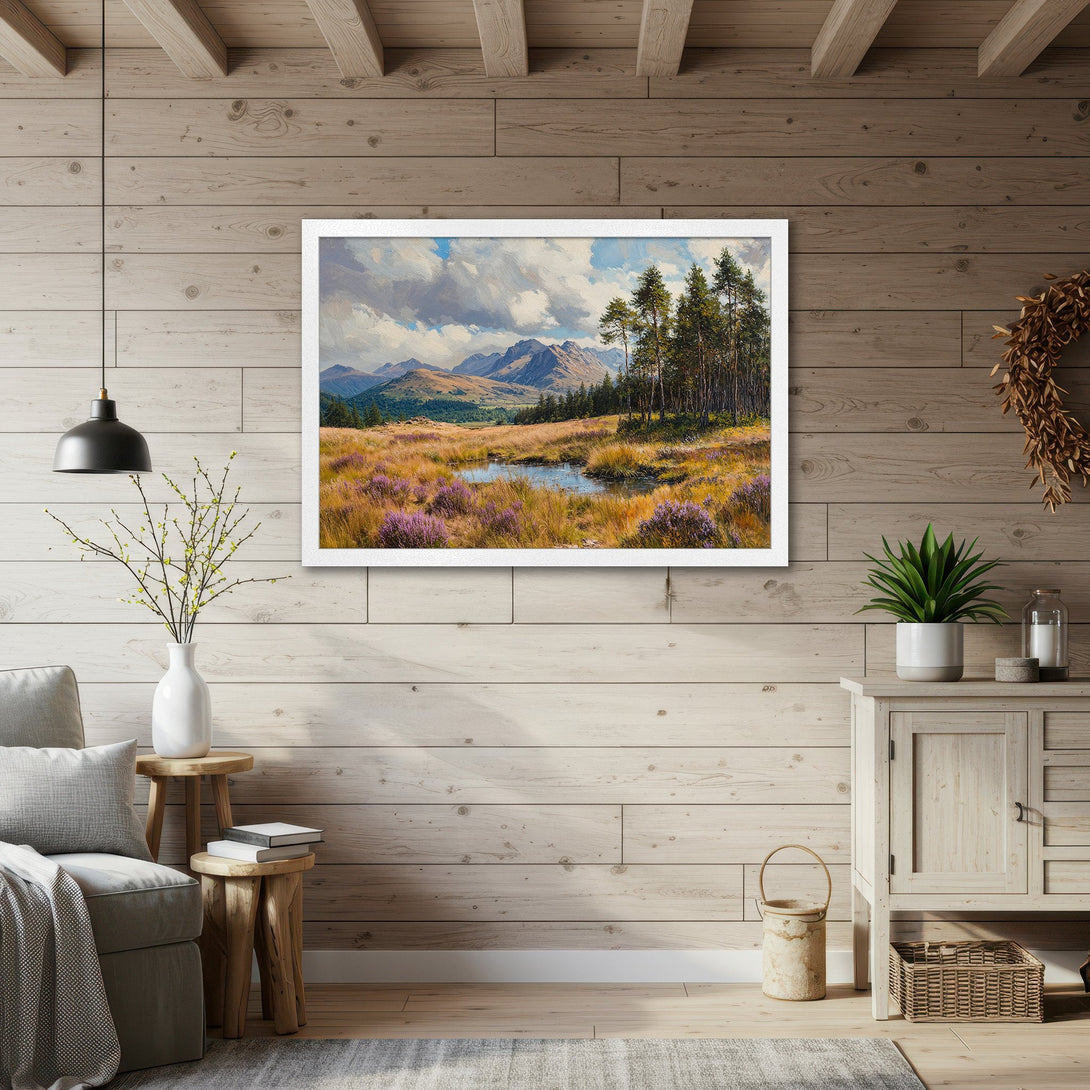 Framed Poster of a landscape painting with mountains and a pond. Warm color palette and impressionistic style. Perfect wall art!