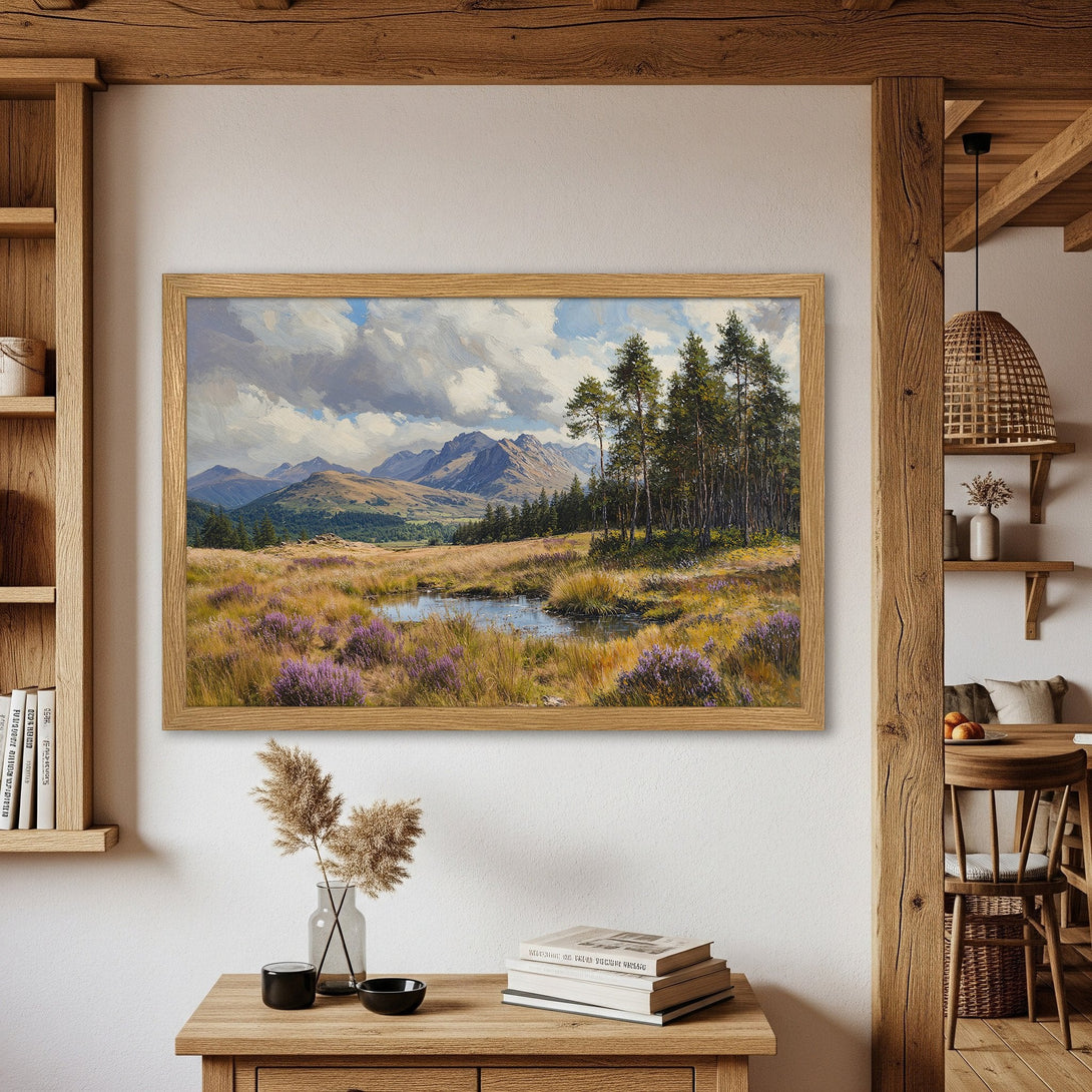 Framed Poster of a landscape painting in warm tones. Features mountains, trees, and a pond. Rustic style, earth-toned palette.