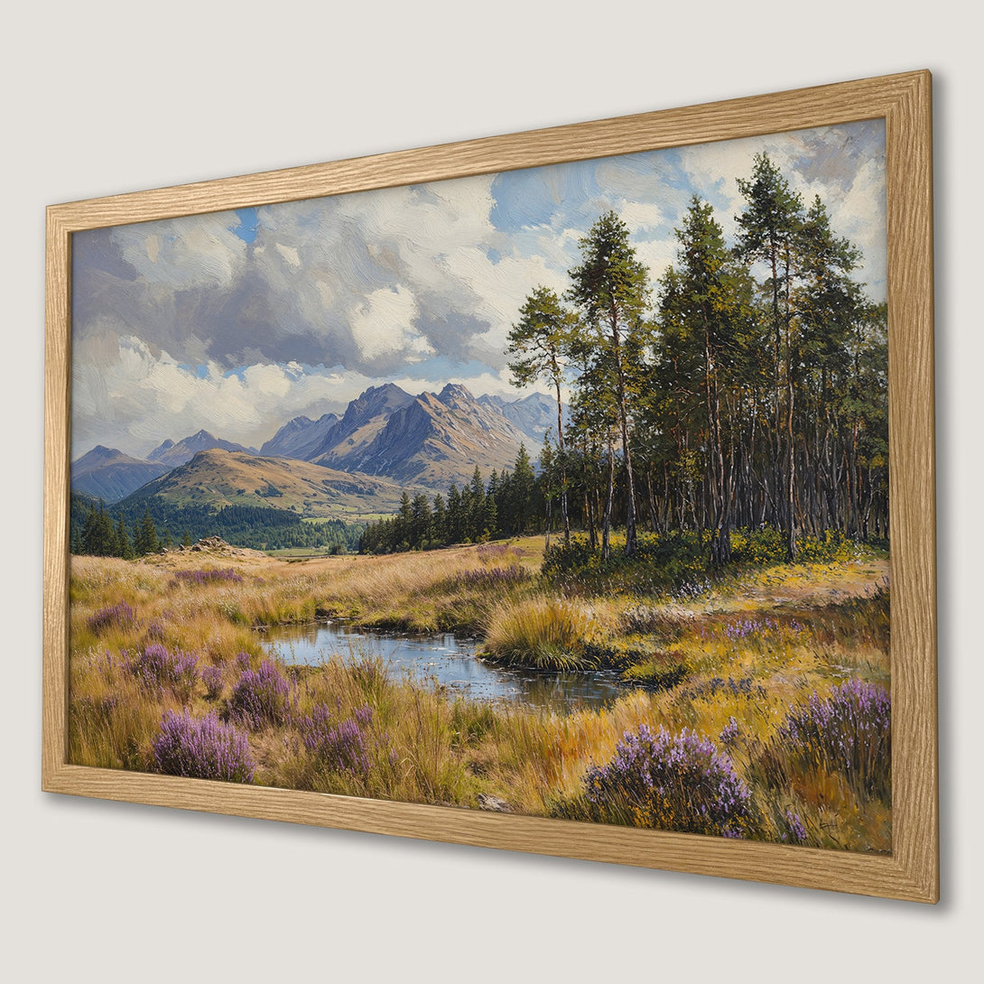 Framed Poster of a serene landscape painting with mountains, trees, and a pond. Warm, earthy tones and Impressionistic style. Perfect wall art.