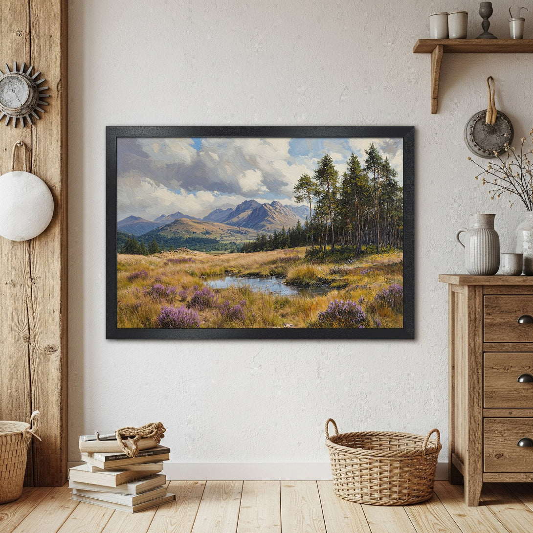 Framed Poster featuring a landscape painting in a rustic style with a warm, earthy color palette. Perfect wall art!
