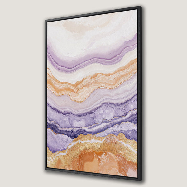 Framed Wall Art: Abstract canvas print in purple, gold, and orange. Modern art piece perfect for adding a touch of elegance to your home decor.