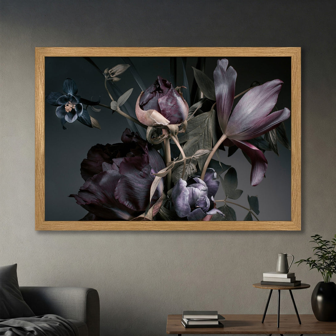 Framed Poster featuring elegant floral art in moody, dark purple and blue tones. Perfect for adding a touch of sophistication to your space.