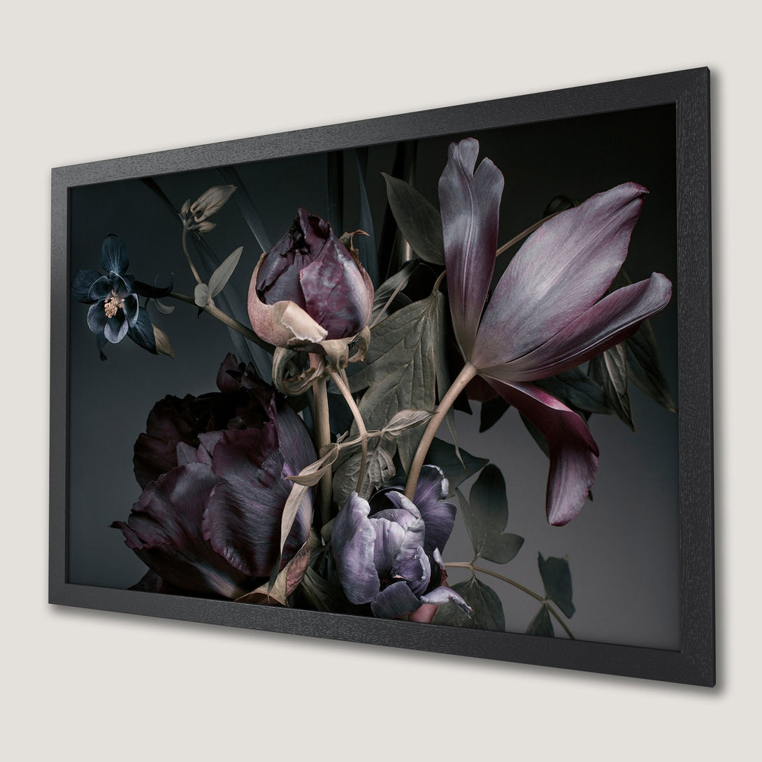 Framed Poster featuring moody floral art in deep purple and gray tones, perfect for adding elegance to your space.