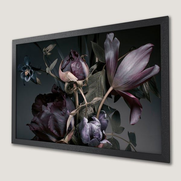 Framed Poster featuring moody floral art in deep purple and gray tones, perfect for adding elegance to your space.