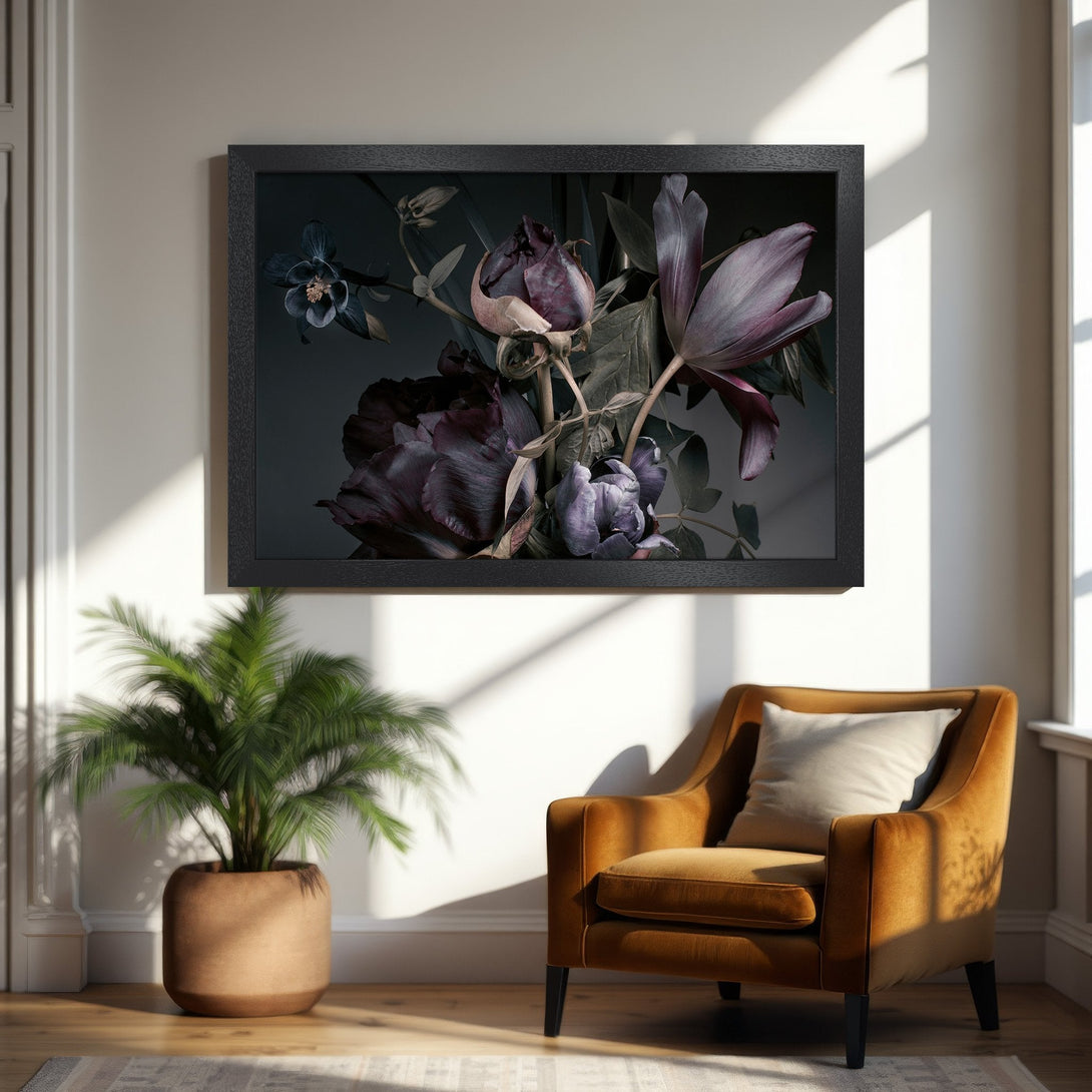 Framed Poster featuring elegant floral art in moody, dark purple and grey tones. Perfect wall decor for a modern home.
