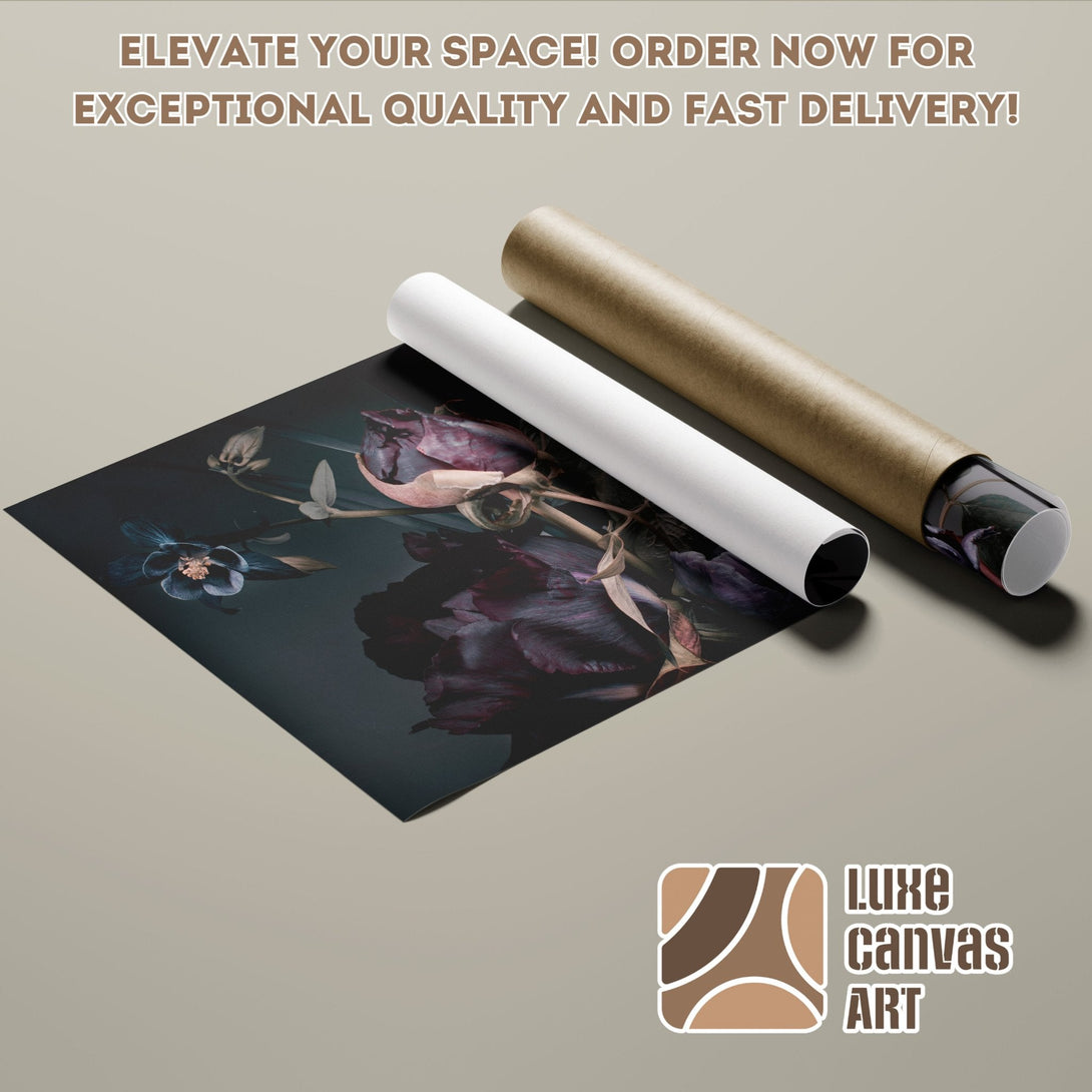 Poster Roll featuring dark floral art in moody tones. Elevate your decor with this stylish print!