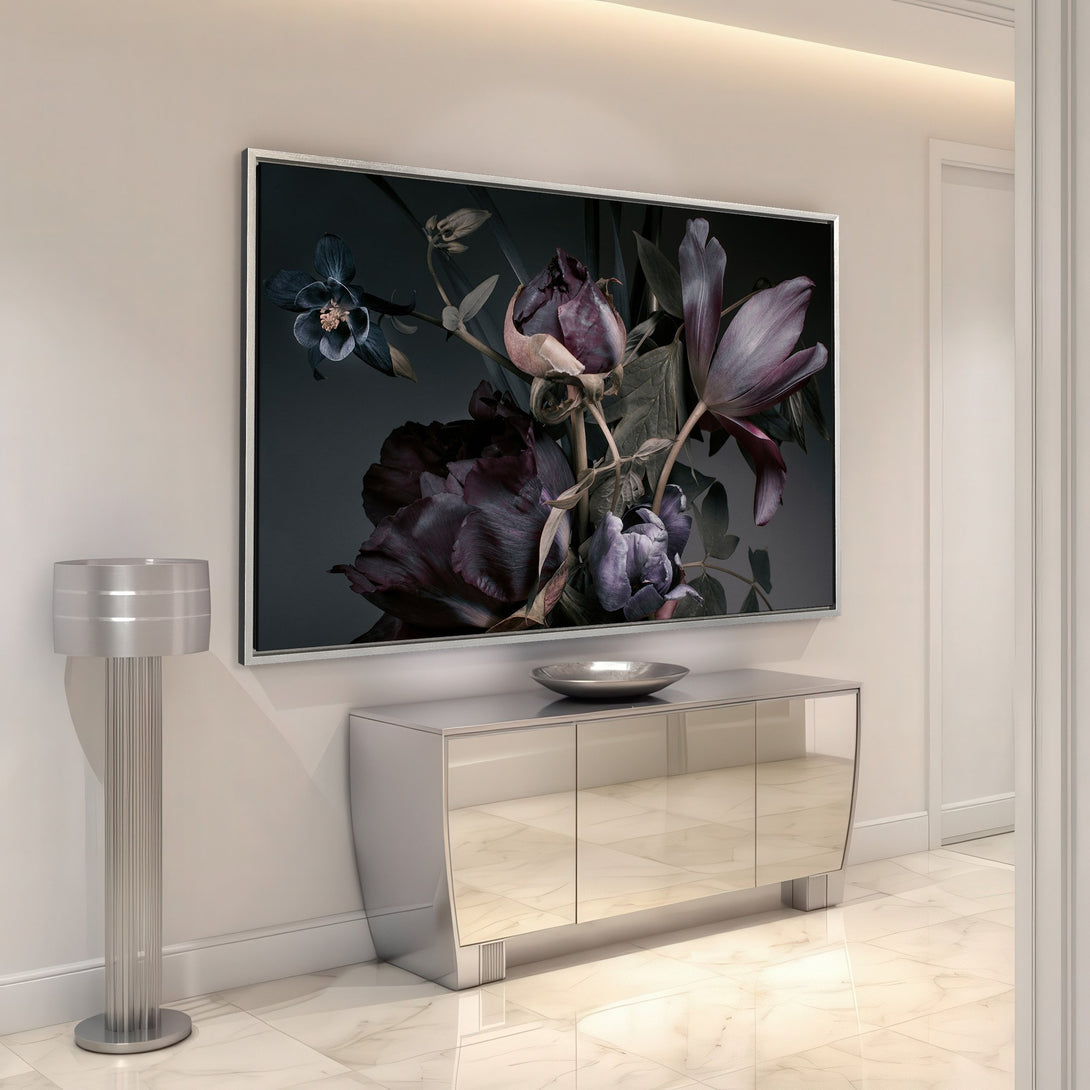 Framed Wall Art featuring moody floral print in dark purple and gray tones. Modern decor accent for living room or entryway.