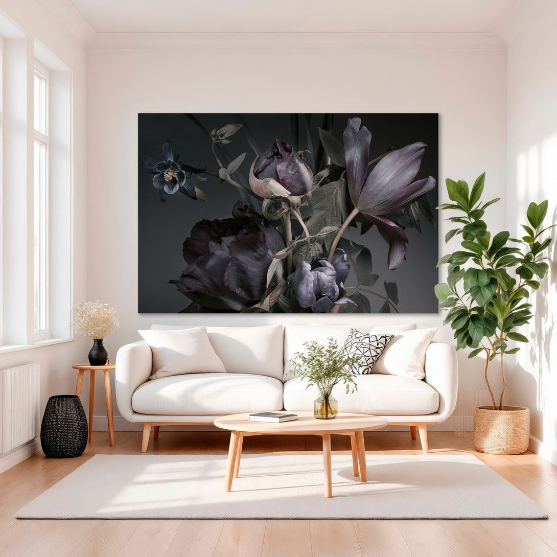 Framed Wall Art: Elegant floral Canvas Print with moody, dark purple and gray tones. Perfect for adding a touch of luxury to your living room.