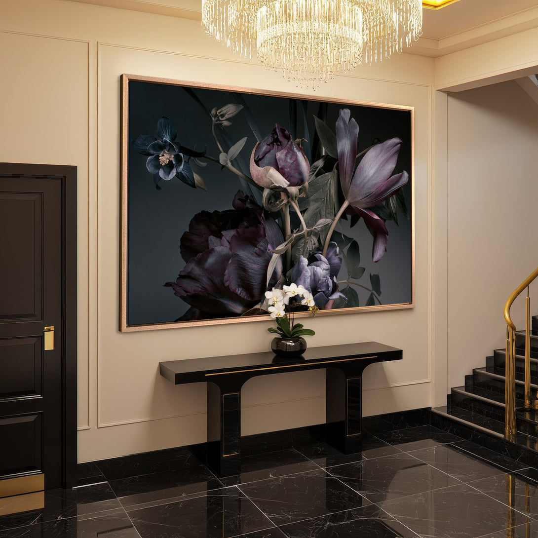 Framed Wall Art: Elegant floral Canvas Print in a moody, dark color palette. Adds a touch of luxury to any interior.