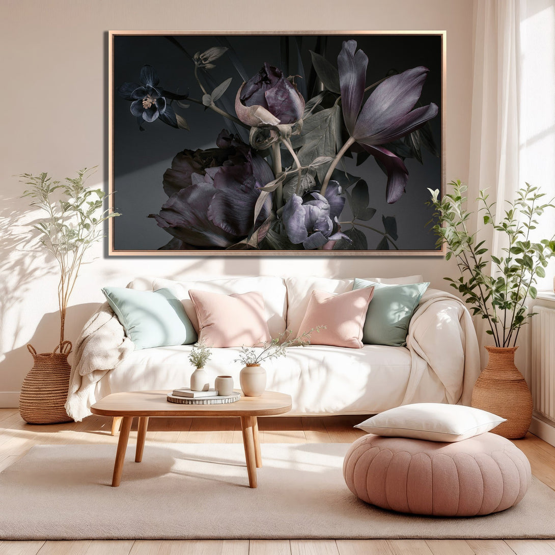 Framed Wall Art: Moody floral print in purple and gray tones. Perfect for adding a touch of elegance to your living room decor. Shop now!