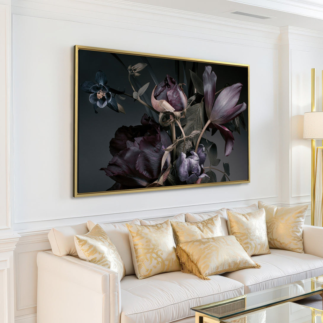 Canvas Print of moody floral art in purple and dark tones, perfect for modern home decor.