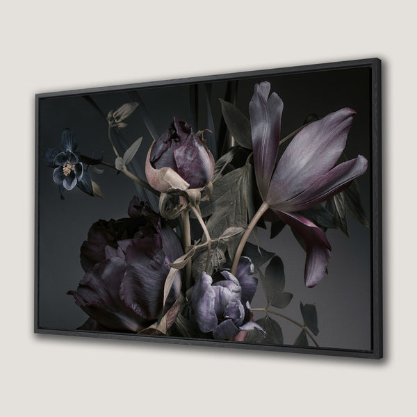Framed Wall Art: Moody floral Canvas Print with dark purple and grey tones. Elegant botanical art perfect for modern home decor.