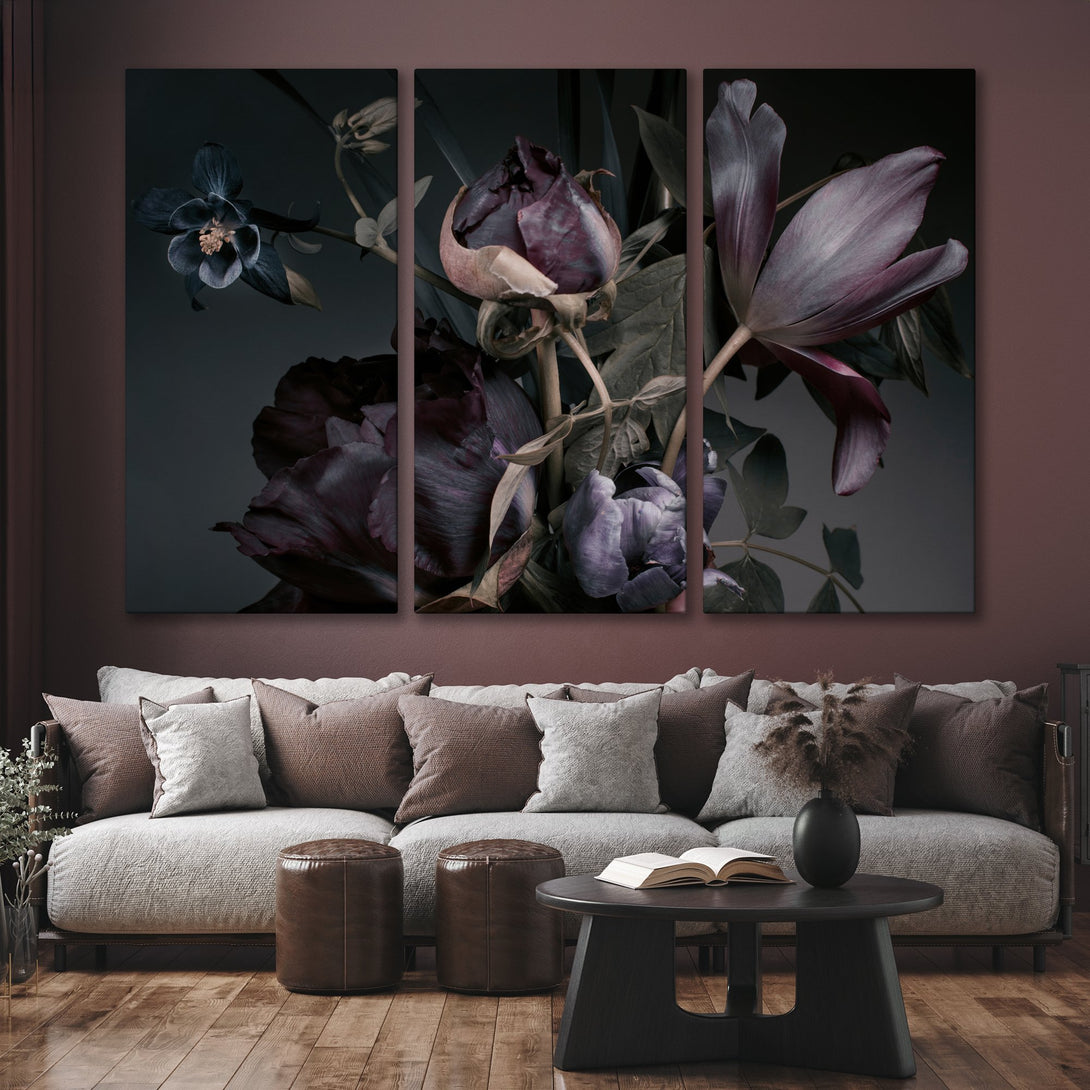 Canvas Print of moody floral art in a dark, dramatic style with deep purple and grey tones. Perfect for modern home decor.