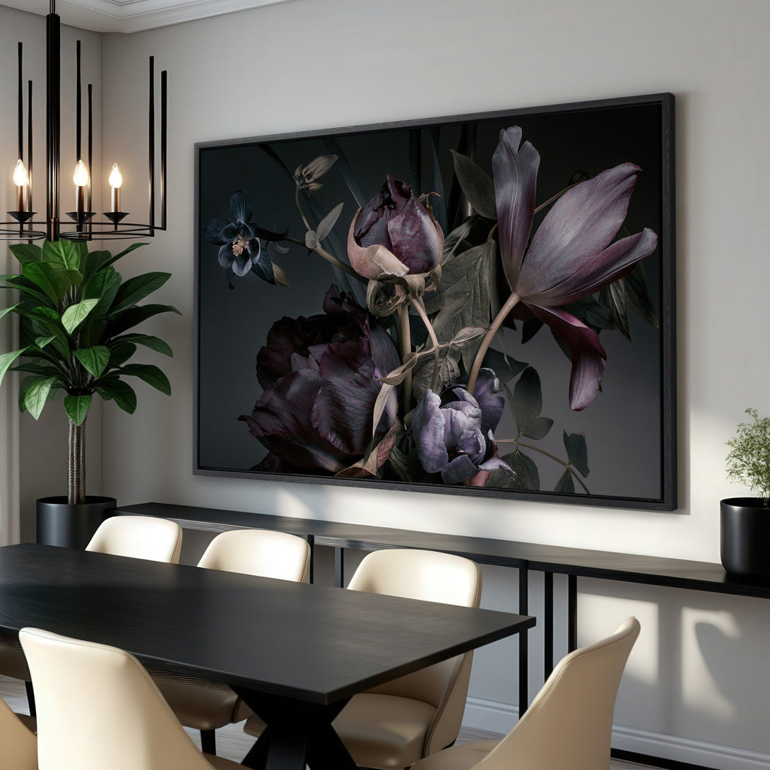 Framed Wall Art featuring a dramatic floral arrangement in moody purples and greens. Perfect for adding a touch of elegance to your dining room.