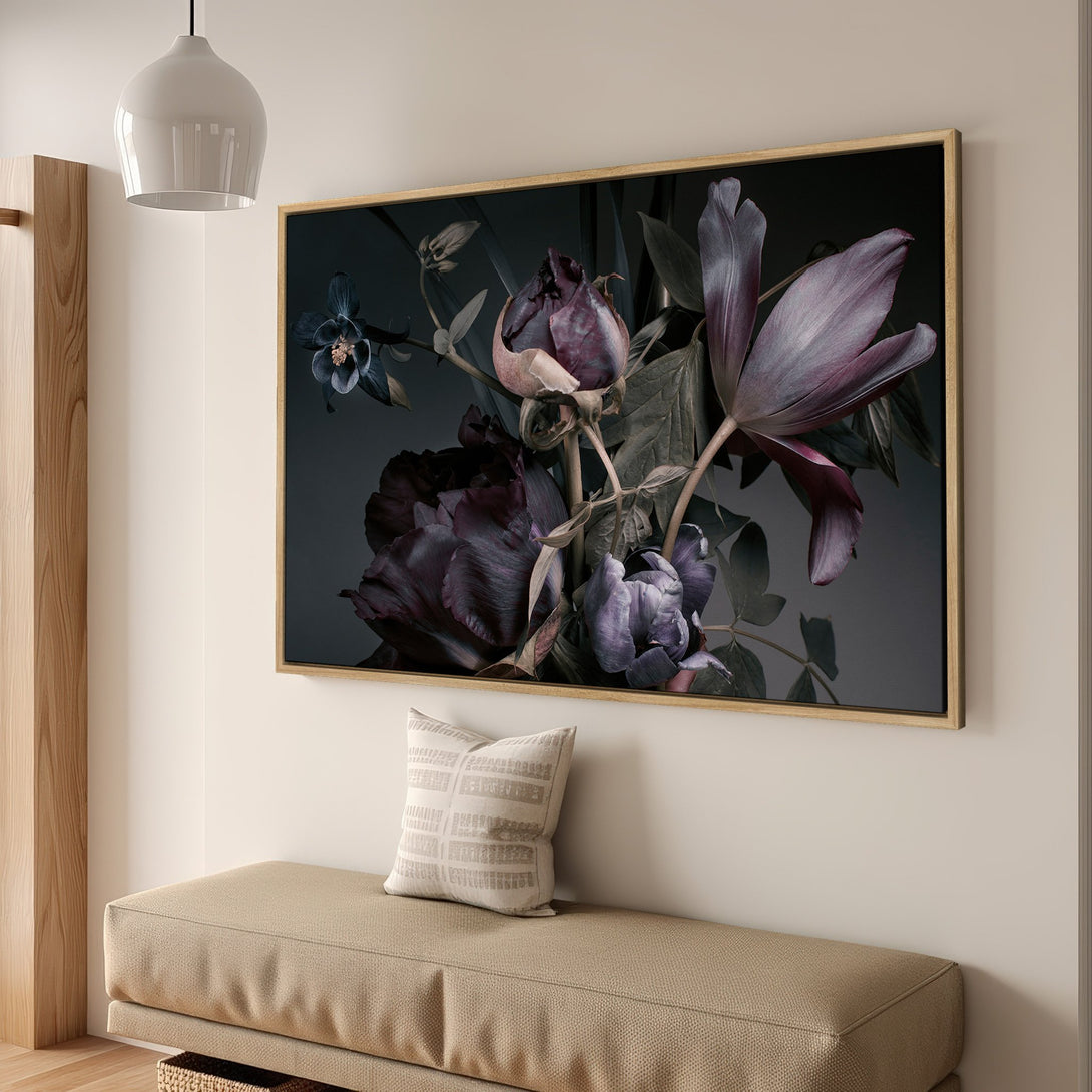 Framed Wall Art featuring dark floral arrangement in moody purple and gray tones. Modern botanical art for your home.