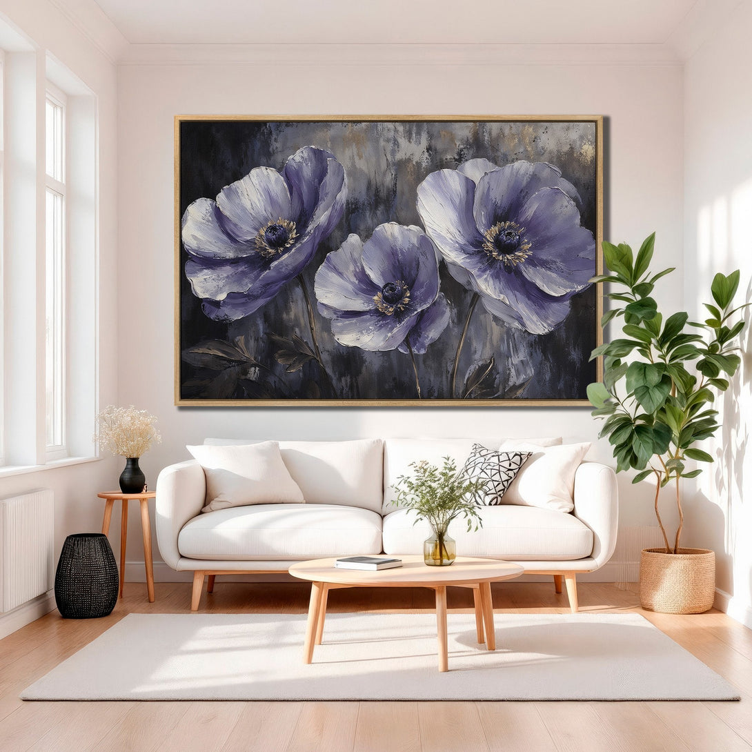 Framed Wall Art: Large floral canvas print in a modern living room. Features abstract purple flower painting with a dark, moody color palette. Perfect home decor!