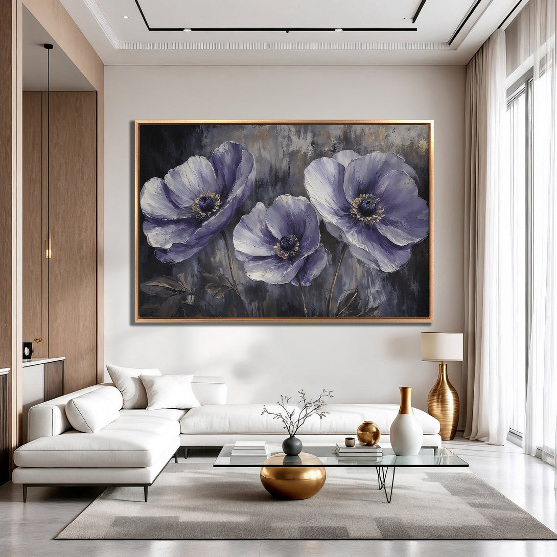 Framed Wall Art: Stunning purple floral painting in a modern living room. Featuring a beautiful color palette and elegant style. Elevate your space today!