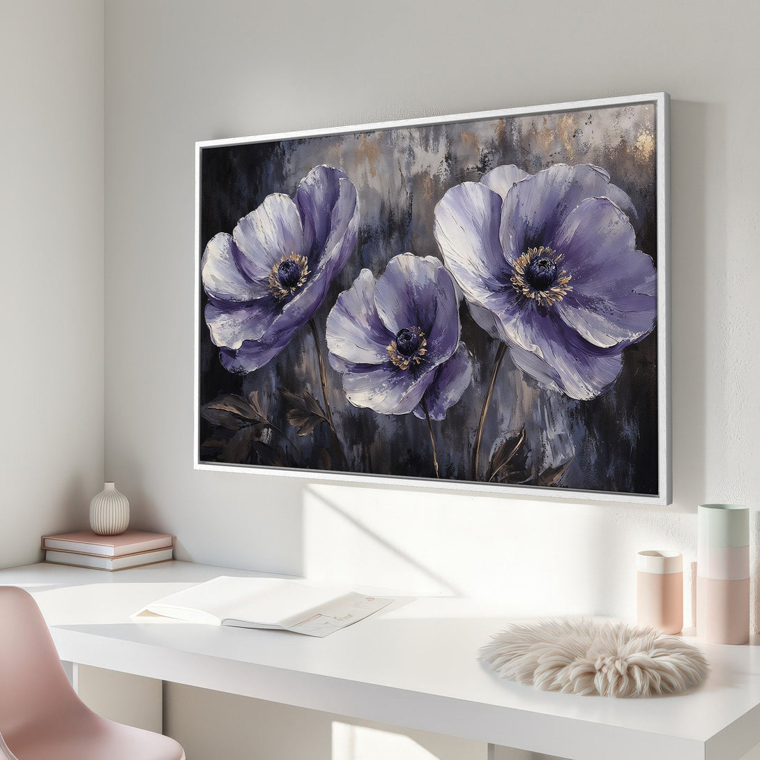 Framed Wall Art featuring a striking floral painting in a modern style with a purple and gold color palette, perfect for home decor.