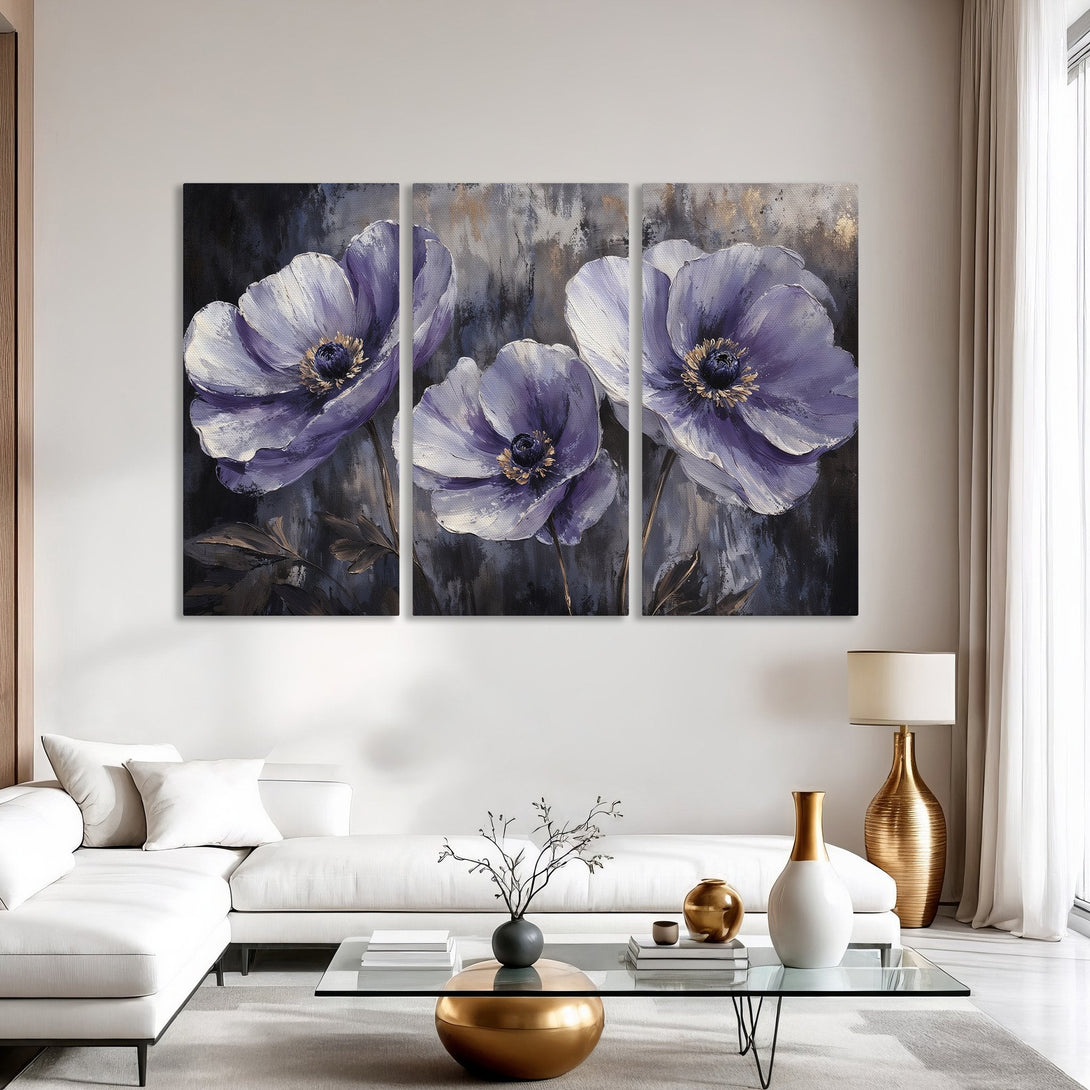 Canvas Print of large, abstract purple flower art. Modern style, dark and muted color palette, perfect for home decor.
