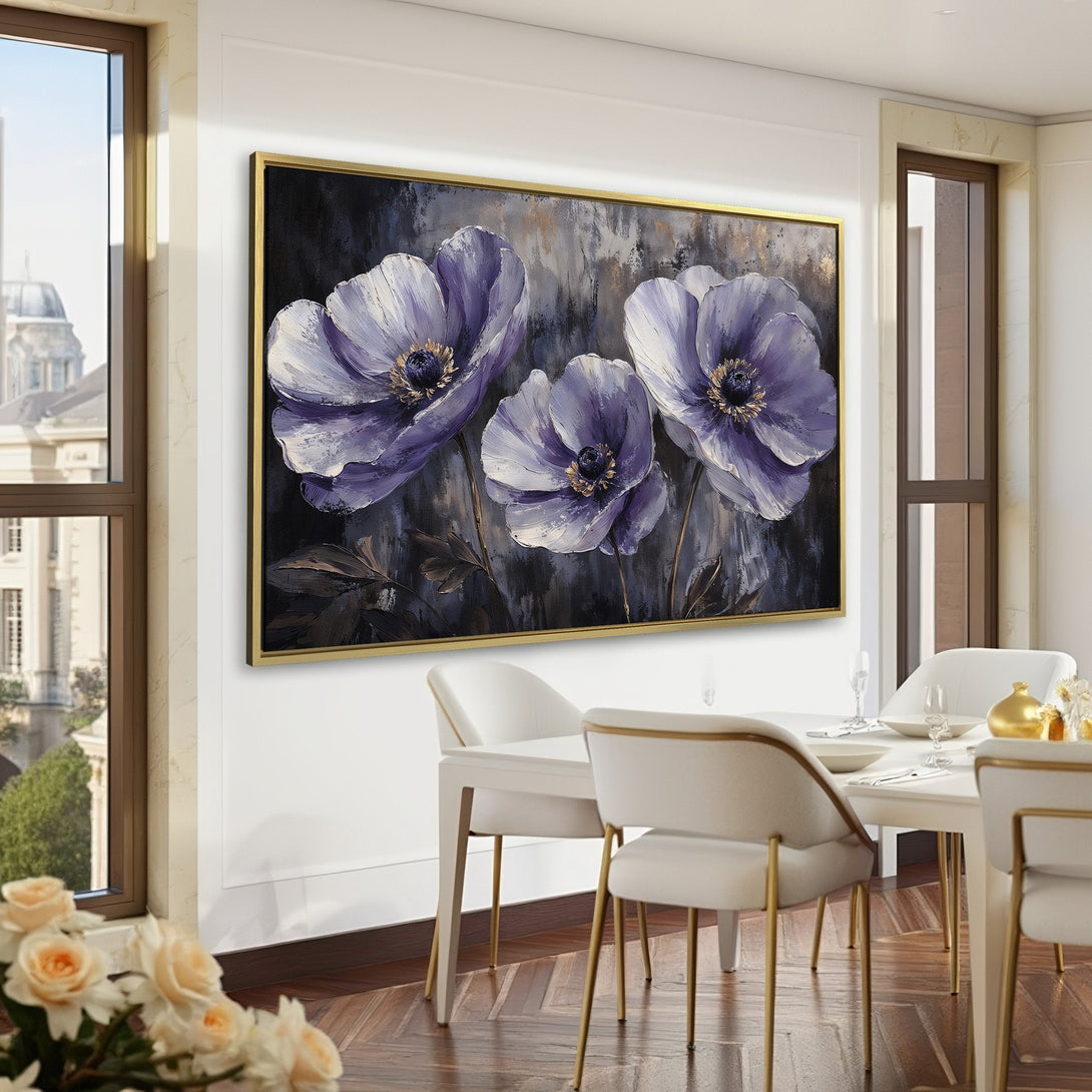 Canvas Print of elegant purple flower art, perfect for home decor. Features a dark, moody palette with hints of gold, adding sophistication to any room.