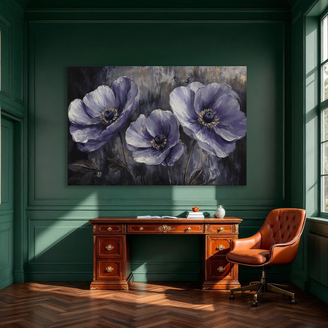 Framed Wall Art featuring purple floral painting. Modern art style with a dark, moody color palette. Perfect for dining room decor.