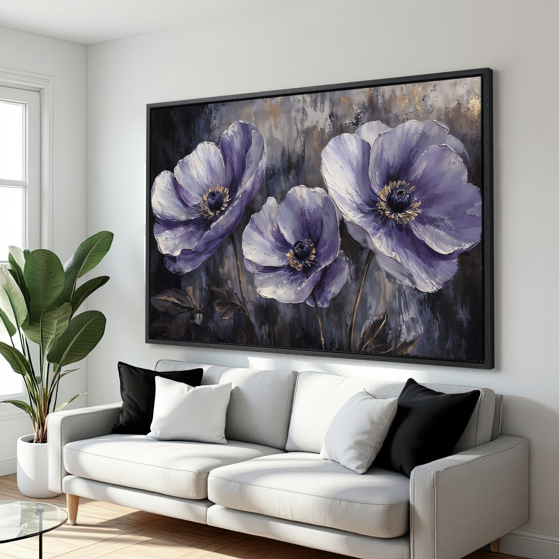 Framed Wall Art: Stunning floral painting in purple and gold tones. Modern art canvas print adds elegance to any living room.