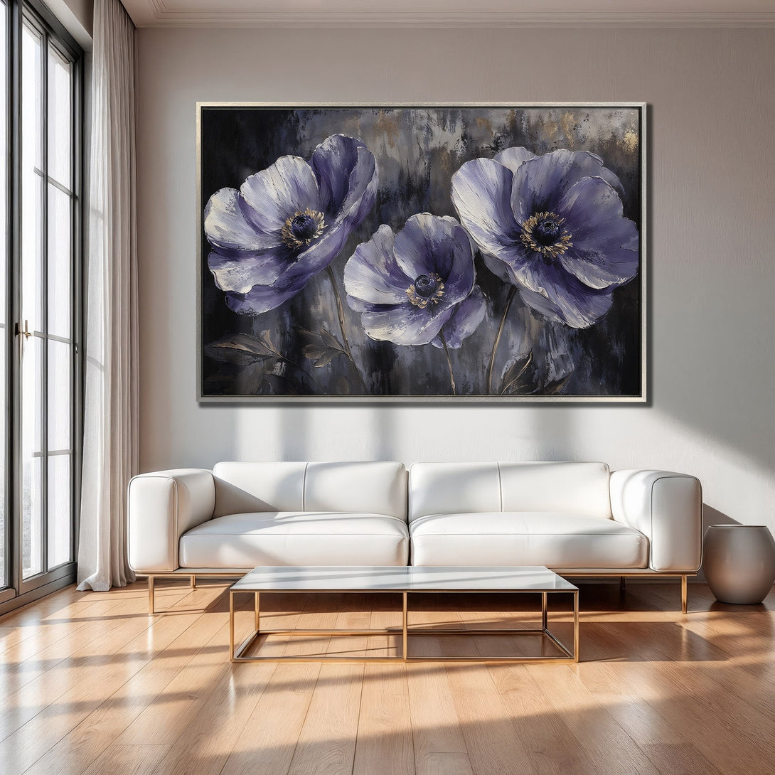 Framed Wall Art featuring abstract purple flower painting. Modern decor with dark & gold accents, perfect for living room wall art.