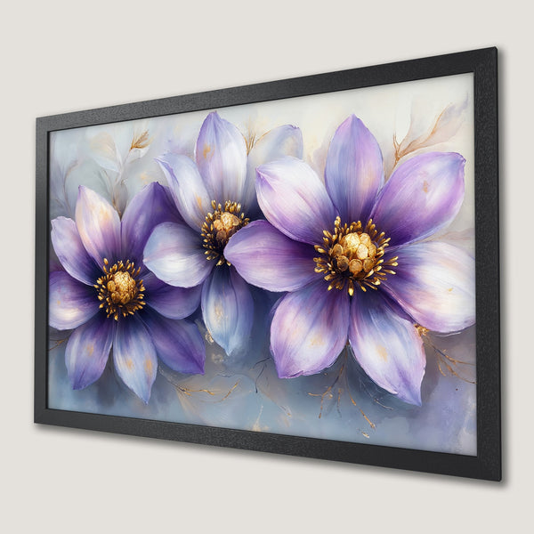 Framed Poster featuring elegant purple floral art with gold accents, perfect wall decor.
